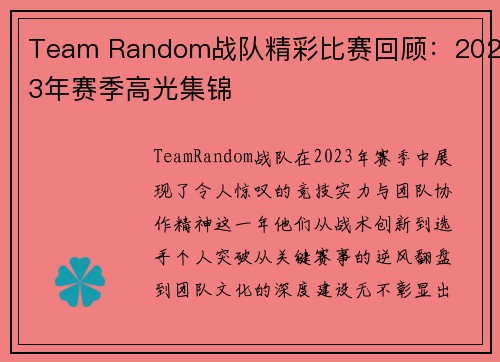 Team Random战队精彩比赛回顾：2023年赛季高光集锦